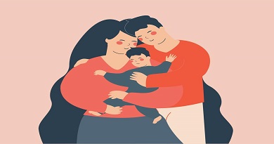 young couple embrace their child with love happy father and mother hug their son or baby with care concept of family and childhood motherhood and fatherhood illustration vector